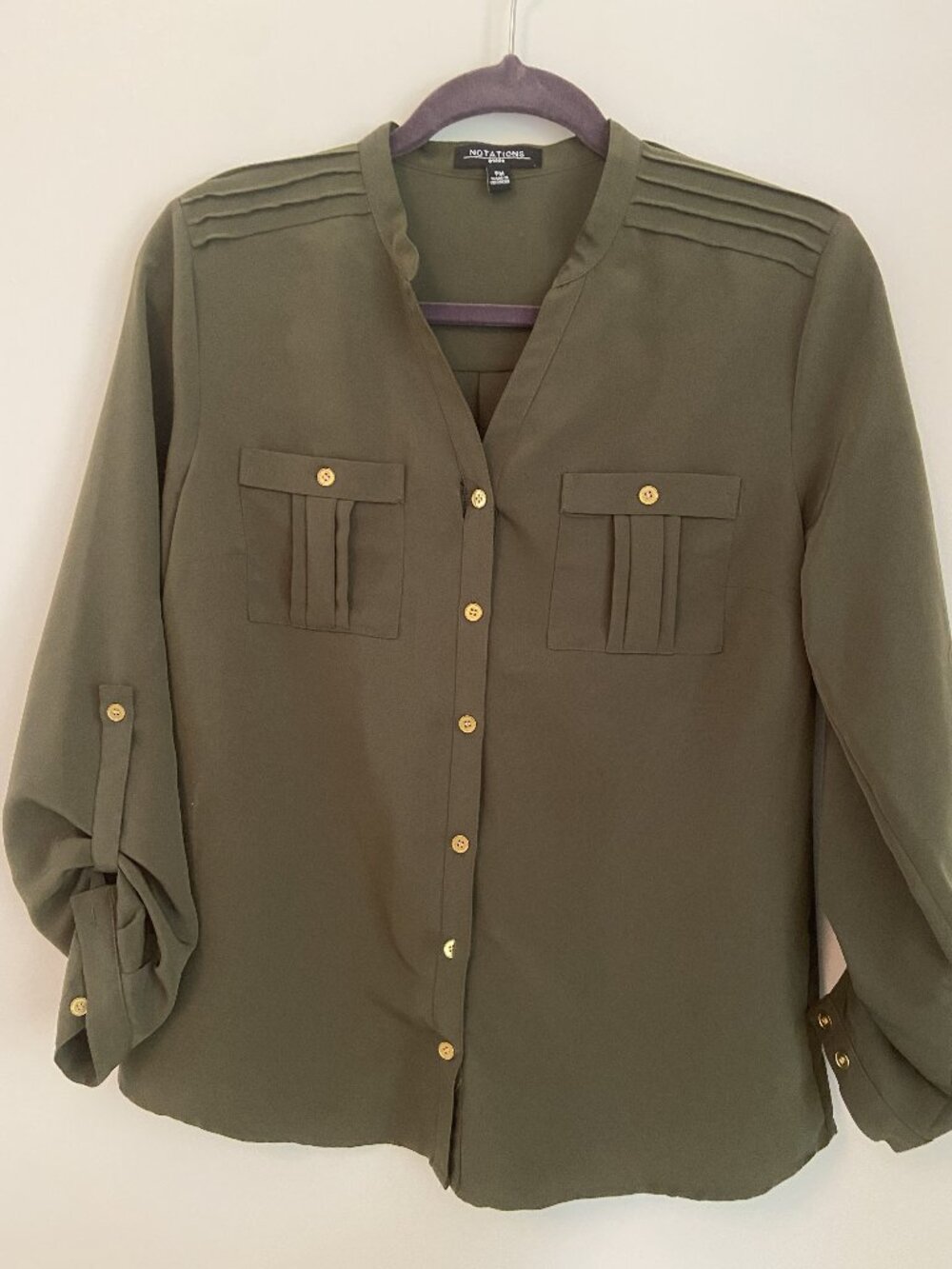 Olive Button Front Notations Shirt